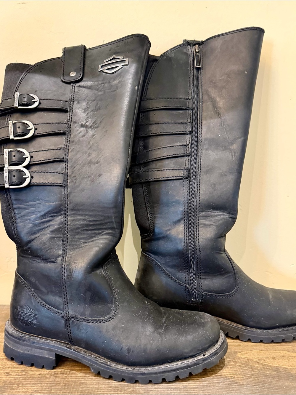 Harley-Davidson Black Tall Leather Biker Boots with Buckles